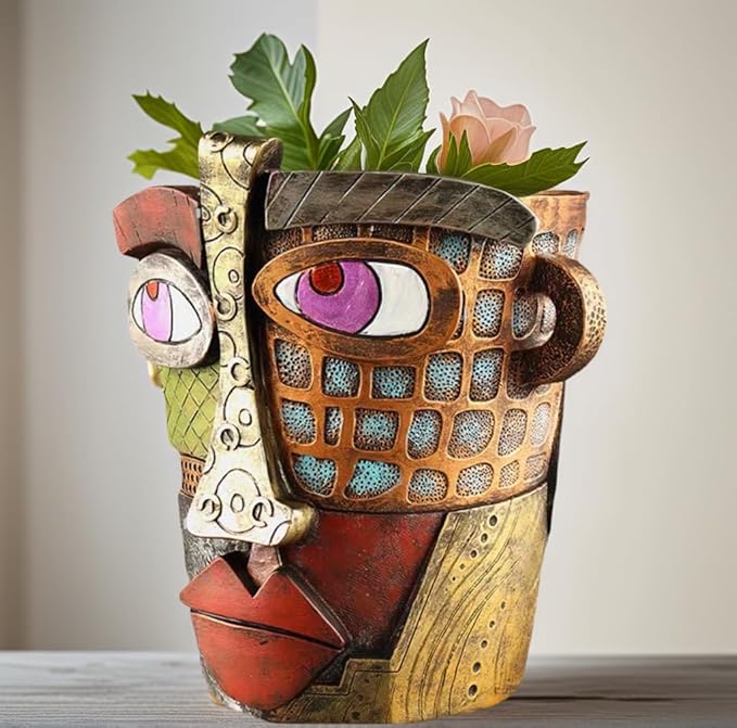 Picasso Abstract Face Flower Pot,Unique Resin Crafted Planter with Drainage Holes,Interesting Colorful Planter with Human face,for Indoor and Outdoor Botanical Home décor (Retro)