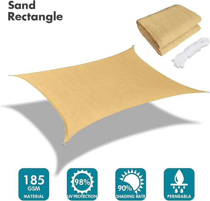KANAGAWA 6'X10' Sand Custom Size Sun Shade Sail Rectangle UV Block Canopy Cover for Patio Backyard Lawn Garden Outdoor (Customized Available)