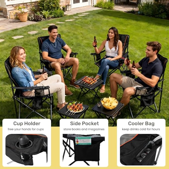 FAIR WIND 2 Pack Heavy Duty Camping Chair, Oversized Padded Folding Chair for Big and Tall (450lbs), Extra Wide Seat with Integrated Cooler & Storage Pocket, Adjustable Lumbar Support for Outdoor