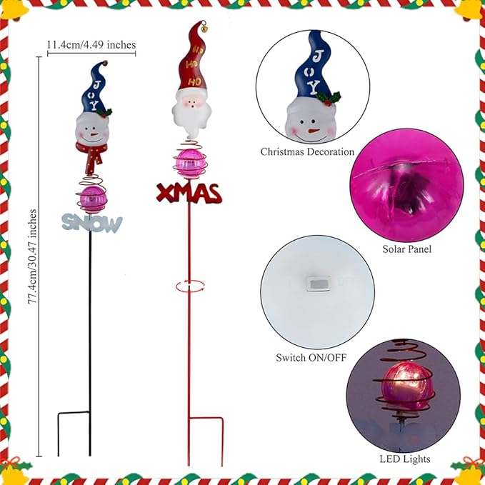 Christmas Solar Garden Stake Lights,2 Pack Snowman＆Santa Claus Xmas Pathways Lights,Solar Christmas Decorations for Outside Lawn Patio Landscape