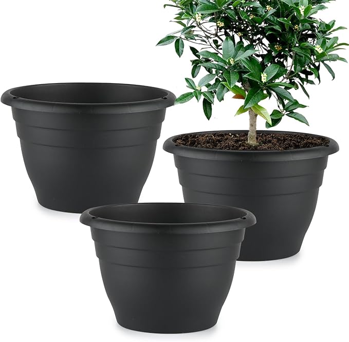 3 Pack 11 Inch Plant Pots,Plastic Flower Pots with Drainage Holes,Lightweight Durable Planters for Indoor Outdoor Plants,Modern Decorative Pots for Patio Garden(Black)