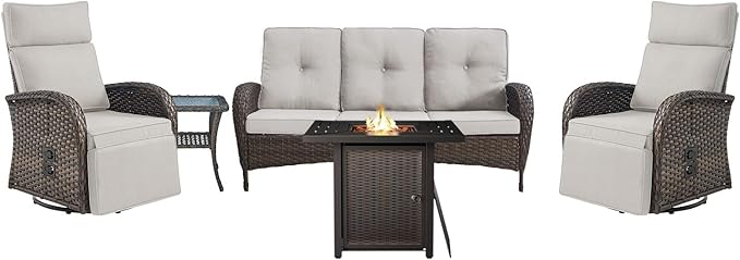 Belord 5 Piece Wicker Patio Furniture Set with 30" Propane Fire Pit Table, Outdoor Swivel Recliner Chairs with Adjustable Backrest & Footrest for Patio Conversation and Backyard Gathering