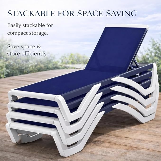 Kozyard Outdoor Chaise Lounge Chair, Full Flat Adjustable Patio Lounger with Aluminum Frame & Resin Legs, Textilene Fabric for Poolside, Backyard & Beach (NavyBlue, Chair with Table)