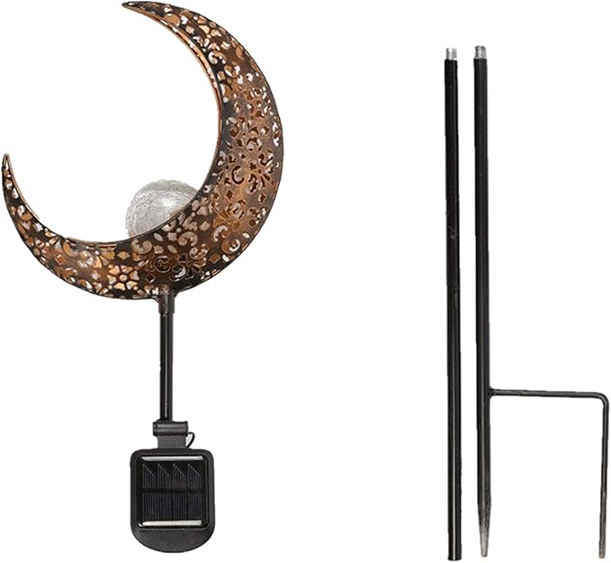 Solar Garden Light Outdoor Decorative, Moon Decor Crackle Glass Globe Garden Stake Metal Lights，Waterproof Warm White LED for Pathway, Lawn, Patio, Yard Ornaments for Outside