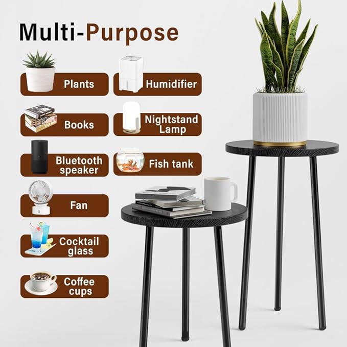 Plant Stand Indoor Tall: Corner Wood Plant Stand 2 Pack Mid Century Modern Decor - Small Round Plant Table for Indoor Plants - Outdoor Plant Holder for Patio Living Room Bathroom Office (Black)