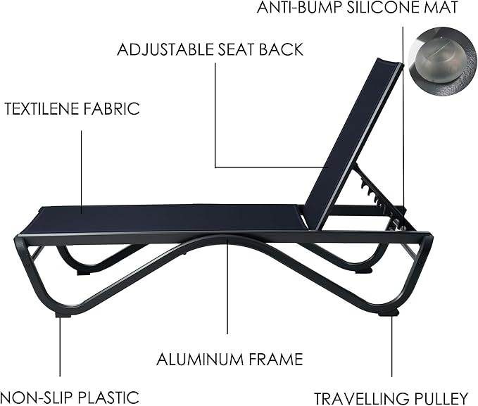 Kozyard Outdoor Chaise Lounge Chair, Full Aluminum Frame, Adjustable Reclining Patio Lounger for Poolside, Sunbathing & Backyard, Textilene (NavyBlue, 2Chairs)