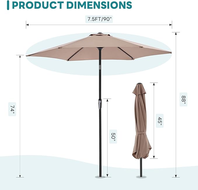 OLIXIS 7.5ft Patio Umbrella with Tilt and Crank Button & 8 Sturdy Ribs Waterproof, Patio Table Umbrella Perfect for Poolside, Terrace, Beach and Outdoor Restaurant, Khaki