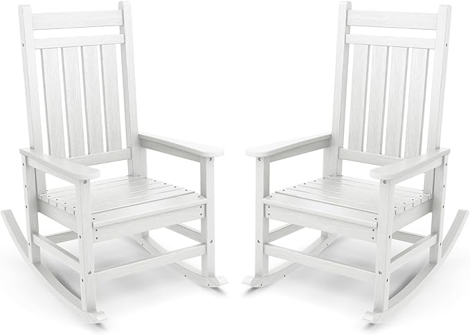 SERWALL Outdoor Rocking Chair, HDPE Rocking Chair for Adults, All Weather Porch Oversized Rockers for Lawn Garden, White