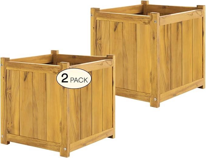 Idzo Set of 2 Acacia Wood Flower Planters for Outdoor Plants, Ergonomic Handles, Drainage Holes, Various Sizes, Ideal for Home Décor, Golden Teak