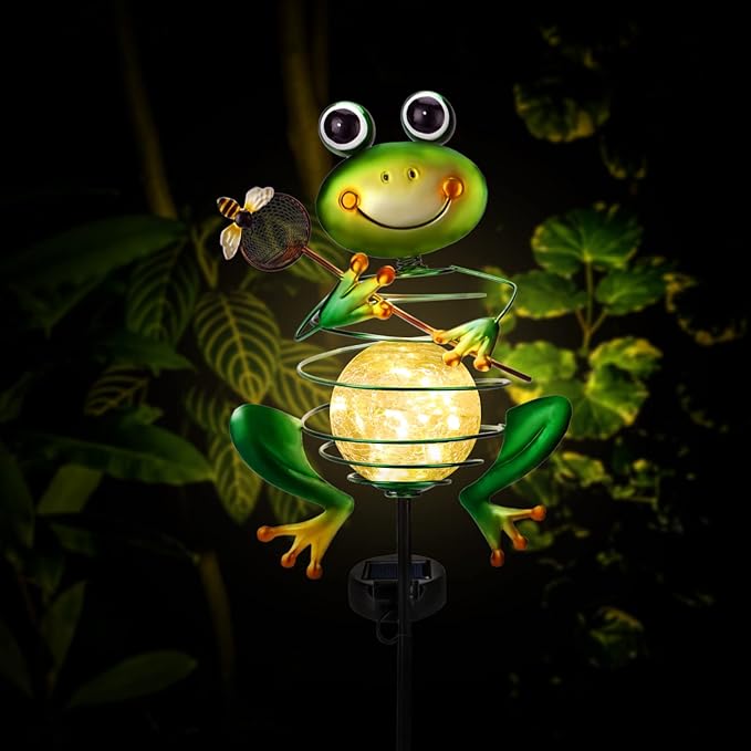 Frog Solar Garden Light - Metal Stake Light with Crackle Glass Waterproof Globe, Solar Power LED for Garden, Lawn, Patio, Pathway Decor