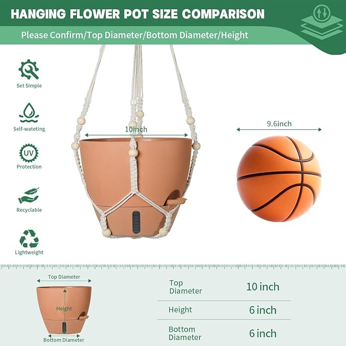 Self-Watering Hanging Planters for Indoor Plants Set 2-Piece Includes Plant Hanging Pot, Drainage-Hole Hanging Pot, and Hanging Basket Rack (Terracotta,10 Inches)