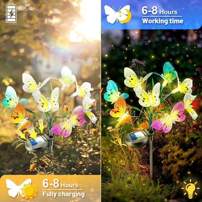 Anordsem Solar Garden Lights Outdoor: 8 Removable Optical Fiber Butterflies 2 Pack - Waterproof Fun Animal Decoration for Yard Patio Path - Gardening Gifts for Garden Lovers Over 30