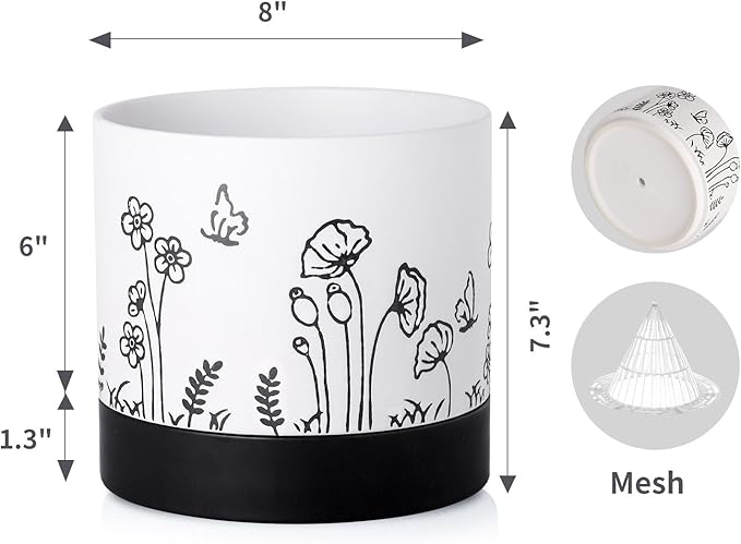 Nihow Ceramic Plant Pot: 6 Inch Planter with Drainage Hole & Saucer for Indoor & Outdoor Plants - Cylinder Round Flower Pot for Succulent/Herbs/Violets - White