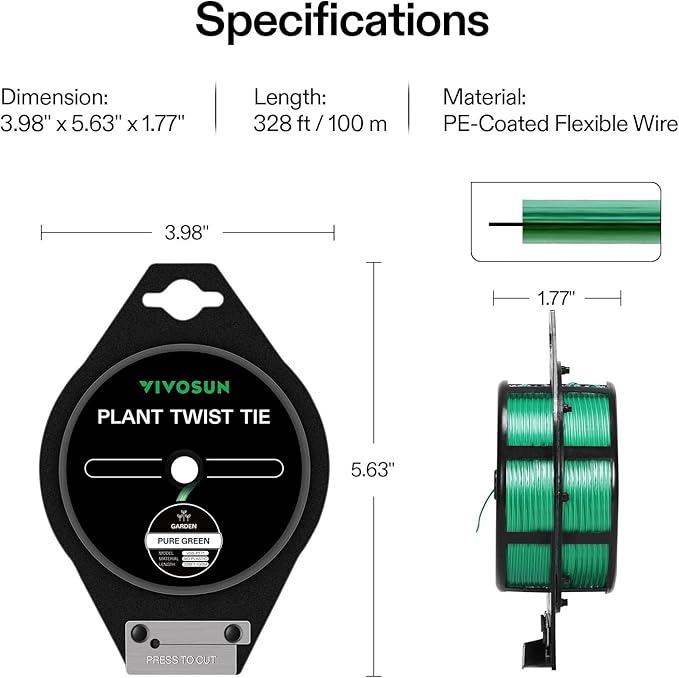 VIVOSUN Twist Ties, 328 ft (100m) PE-Coated Green Plant Ties with Cutter, Reusable & Flexible Tomate Ties for Plant Support, Indoor Outdoor Gardening, Cable Management, Home Office Organization