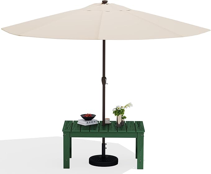 SERWALL Outdoor Coffee Table with 9FT Umbrella, HDPE Patio Coffee Table for Outside, Rectangle, Green(Not Include Umbrella Base)