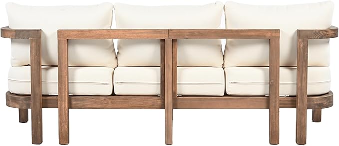 Merax 3 Seater Outdoor Acacia Wood Patio Sofa with Cushions for Porch, Garden, Backyard, Balcony, Brown wash, Beige Cushion