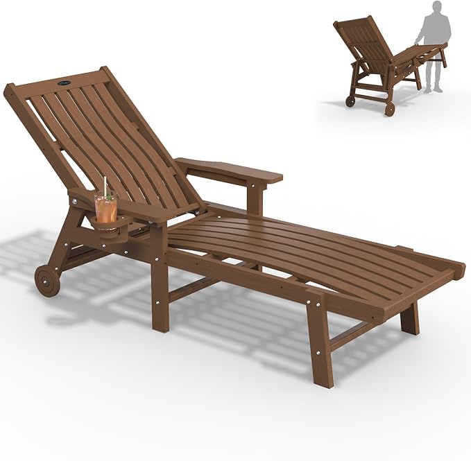 Patio Chaise Lounge Chair, Oversized Lounge Chair Outdoor with 5 Positions, HDPE, Patio Lounge Chair with Wheels & Cup Holder for Pool, Deck, Poolside,Wood