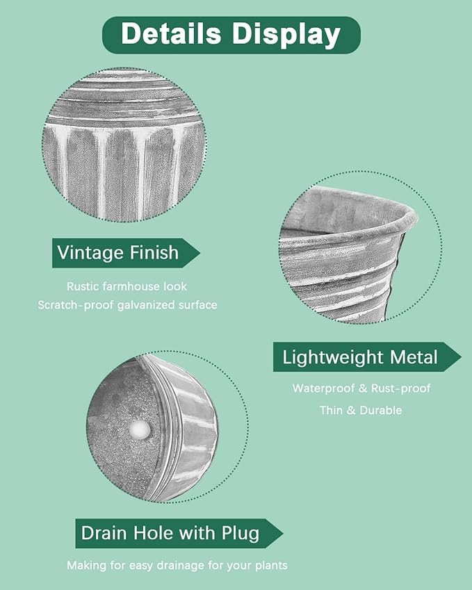vensovo 10 Inches Silver Metal Rustic Plant Pots - 4 Pcs Large Shallow Galvanized Planters with Drain Hole and Rubber Plug, Rustproof Tin Bucket Succulent Pot Indoor Farmhouse Vintage Style for Decor