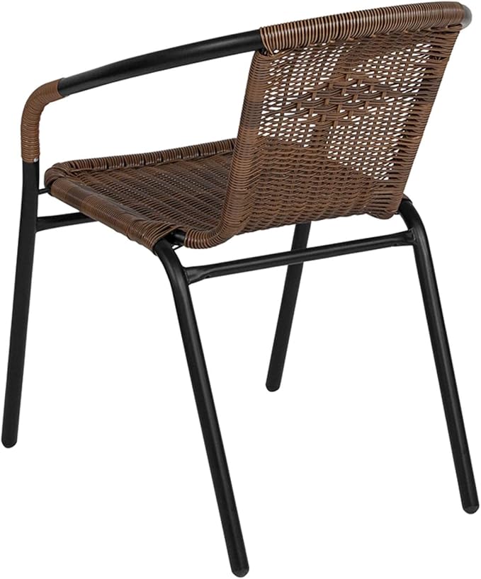 Flash Furniture Lila 28'' Round Glass Metal Table with Dark Brown Rattan Edging and 2 Dark Brown Rattan Stack Chairs