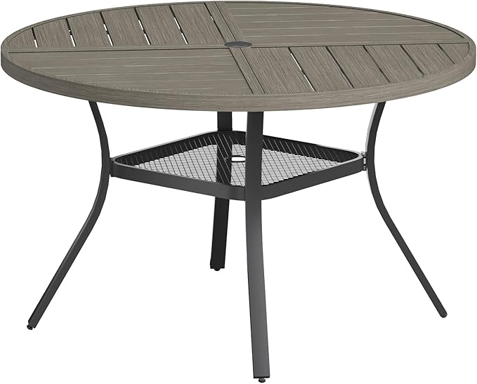VICLLAX Round Patio Table with Adjustable Umbrella Hole for 6, All Weather Metal Outdoor Dining Table for Lawn Garden, 47.2" Outdoor Coffee Table, Grey Wood-Like Tabletop