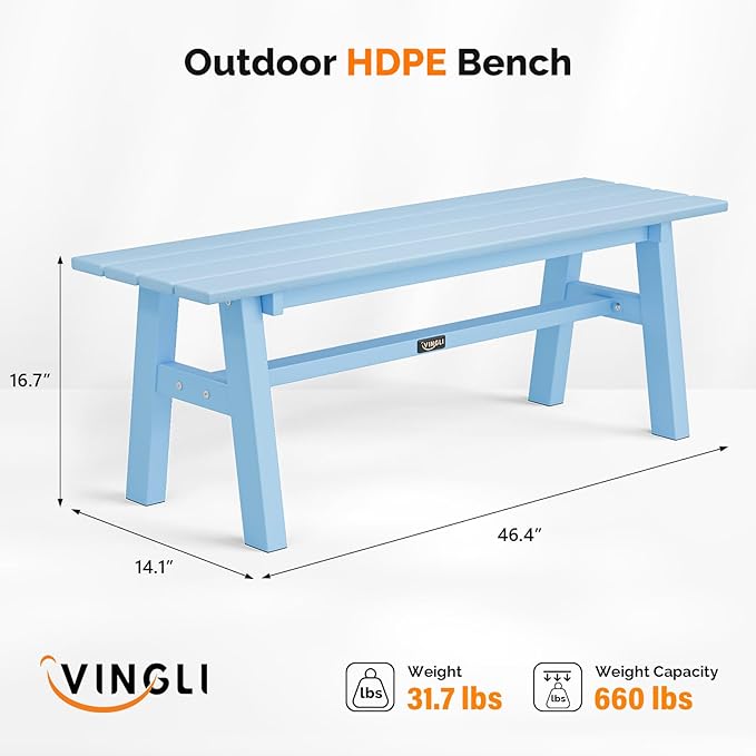 VINGLI 47” Outdoor HDPE Bench, Weatherproof Garden Bench w/Metal Legs, Poly Lumber Porch Benches, 660 LBS Capacity Outdoor Backless Patio Benches for Entryway Deck (Blue)