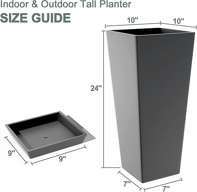 Set of 2 Tall Planters with Drainage Tray, 24 Inch Large Flower Pots for Indoor Outdoor Plants Mordern Planter Weather-Resistant for Patio, Front Door Decor, Garden (Gray)