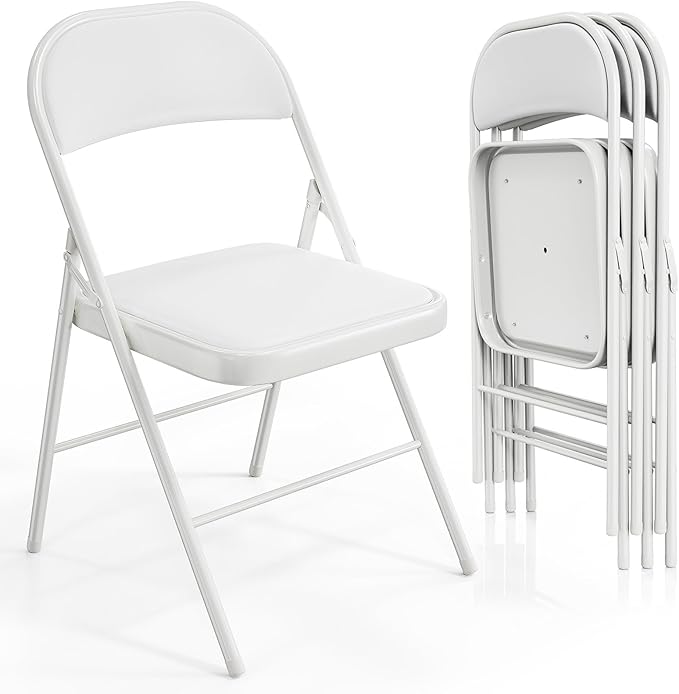 VINGLI 4 Pack Folding Chairs with Padded Seats, Metal Frame with Pu Leather Seat & Back, Capacity 350 lbs, White