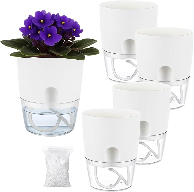 Planterhoma 5 Pack Self Watering Pots for Indoor Plants, 4 Inch Plant Pot Plastic Self Watering Planter for Orchid, African Violet, Small Clear Flower Pots with Drainage Holes and Wicking Rope, White