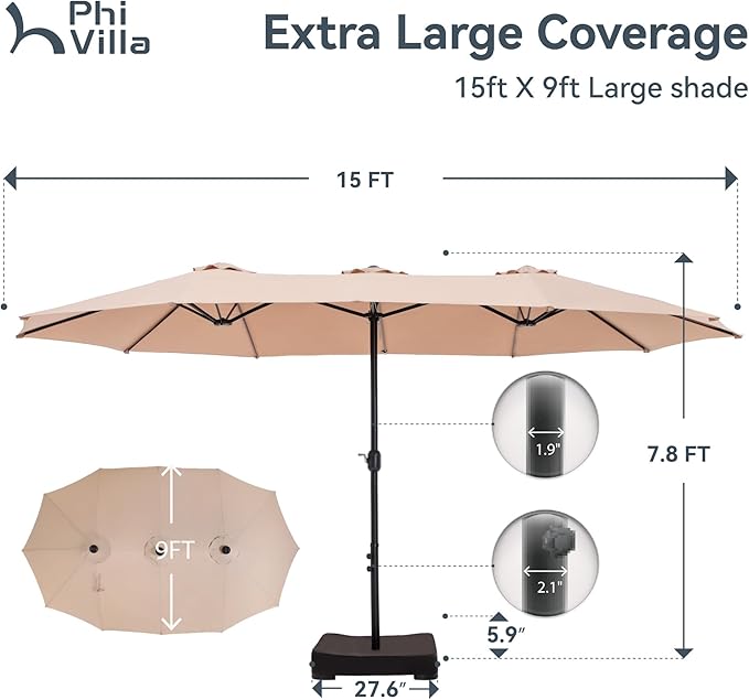 PHI VILLA 15ft Large Patio Umbrellas with Base Included, Outdoor Double-Sided Rectangle Big Market Umbrella with Stand, Outside Umbrellas for Poolside Lawn Backyard, Beige