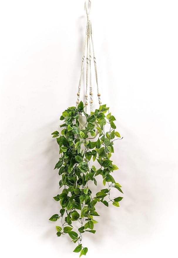 Comtelek 2 Packs Fake Hanging Plant with Pots for Home Decor Artificial Hanging Basket Plants Macrame Plant Hanger with Faux Vines Greenery for Bedroom Bathroom Room Wall Boho Decor Indoor Outdoor
