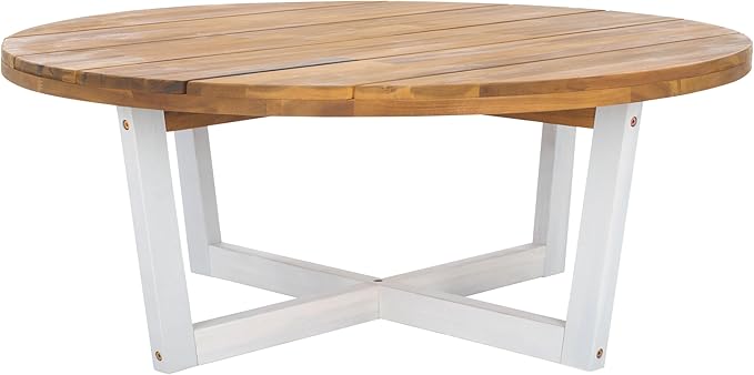 SAFAVIEH Outdoor Collection Leo Natural/White Solid Wood Round Coffee Table