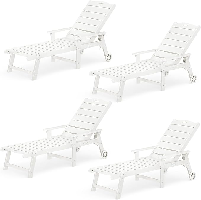 LUE BONA Outdoor Chaise Lounge Chairs Set of 4, HDPS Chaise Lounger, 5 Positions Adjustable Lounge Chairs, Pool Lounge Chair with Wheels for Poolside, White