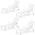 LUE BONA Outdoor Chaise Lounge Chairs Set of 4, HDPS Chaise Lounger, 5 Positions Adjustable Lounge Chairs, Pool Lounge Chair with Wheels for Poolside, White
