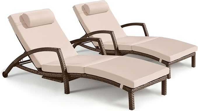 Chaise Lounge Chairs Outdoor Set of 2, Comfy Outside Wicker Patio Pool Lounge Chair w/ 5 Adjustable Back Angle, Cup Holder, Thicken Cushion