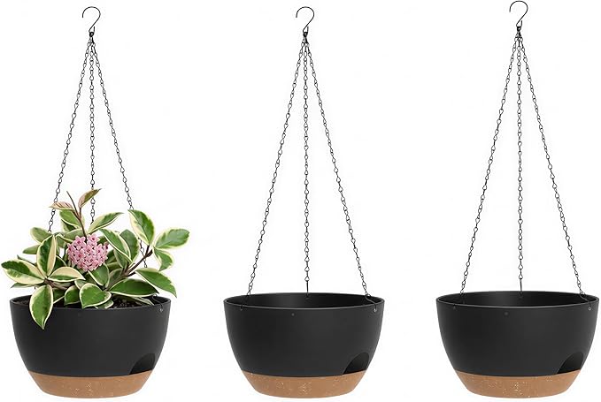 Hanging Planters 3-Pack, 8 Inch Self-Watering Hanging Pots with Drainage Hole and Chains, Plastic Planters for Indoor Outdoor（Black Brown）