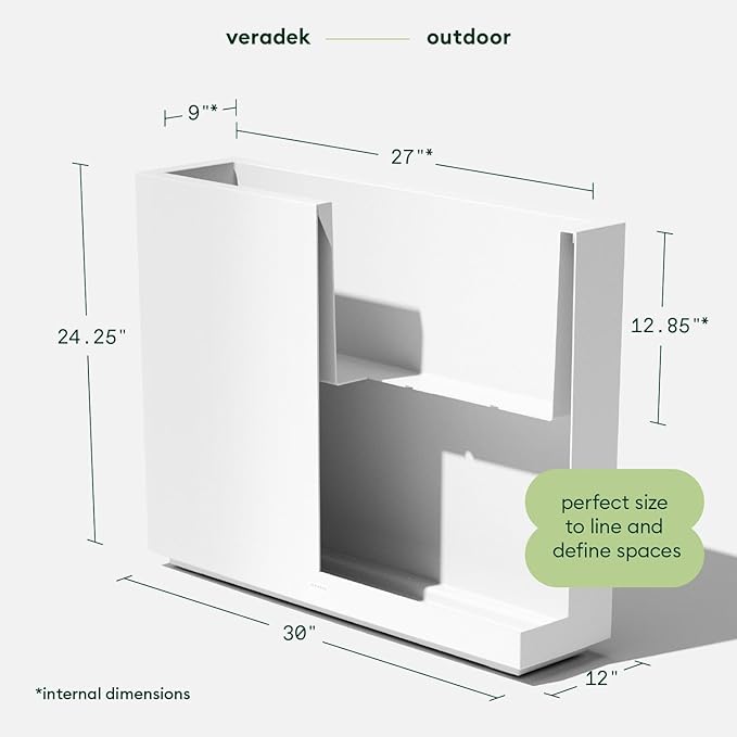 Veradek Block Series Span Plastic Planter - Tall Rectangular Planter for Indoor or Outdoor Patio/Porch, White, 24.25 in Height, 12 in Width, 30 in Length