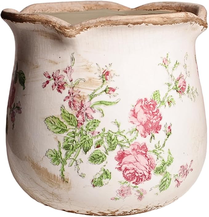 Shabby Chic Flower Pot, 6.11 Inch Ceramic Planter with Drainage for Indoor Plants, Vintage Ceramic Vase, Country Chic Spring Garden Home Decor, Pink Rose Floral