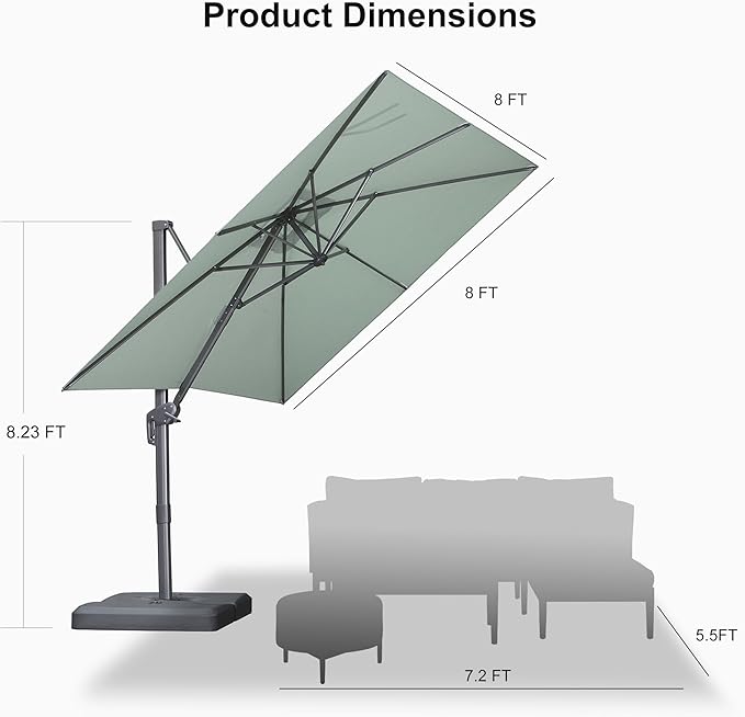 PURPLE LEAF Patio Umbrella 8' X 8' Rectangle Cantilever Umbrella Large Aluminum Outdoor Umbrellas with 360-degree Rotation & UPF40+ Premium Fabric for Deck Pool Garden Yard, Mint Green