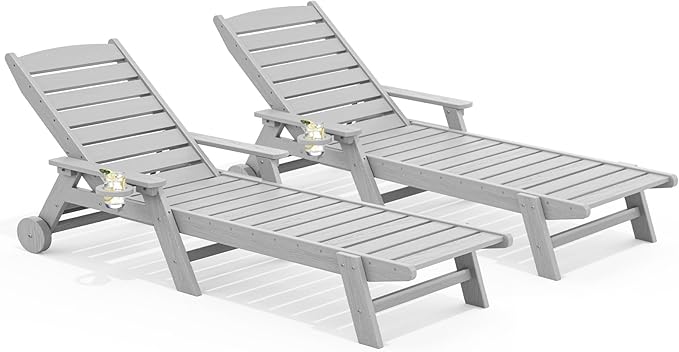SERWALL Patio Chaise Lounge Chair Set of 2, 78'' Long 5-Positions Adjustable HDPE Outdoor Lounger for Pool, Poly Lounge Chair with Rolling Wheels & Cup Holder for Poolside, Deck, Space Grey