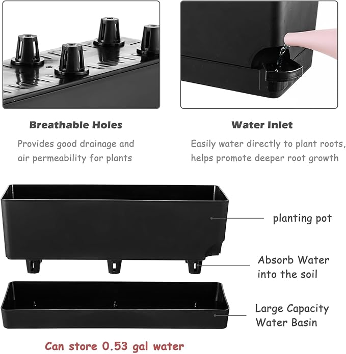 Self Watering Pots for Indoor Plants 17 Inches Window Boxes Planters Rectangular Flower Pots Rectangle Herb Pots Large Plant Pots with Drainage Holes and Saucers Windowsill Planter (2, Black)
