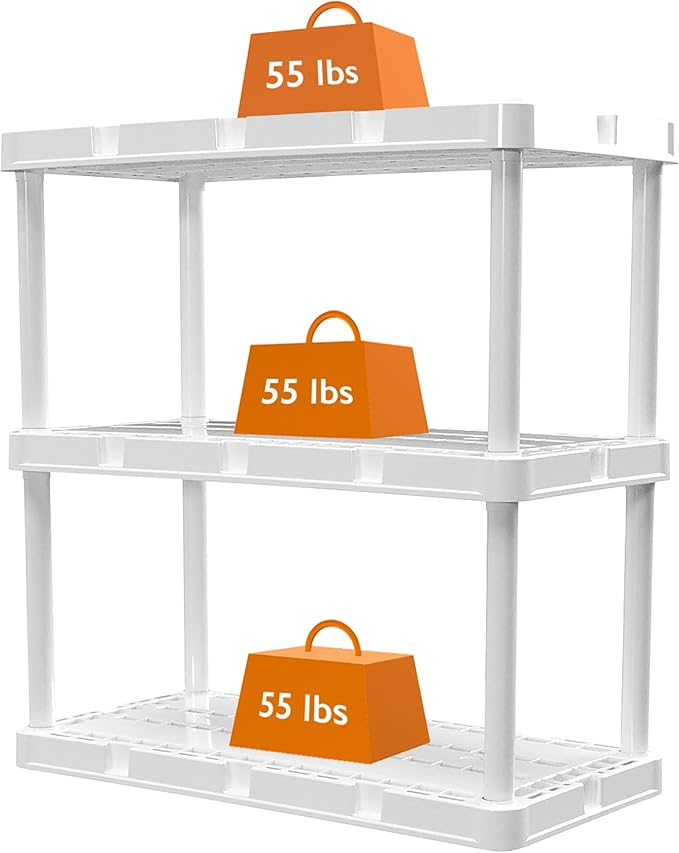 Gracious Living 3 Shelf Knect-A-Shelf Solid Light Duty Storage Unit 12 x 24 x 33" Organizer for Home, Garage, Basement & Laundry, White
