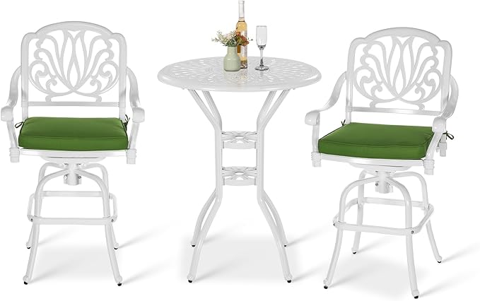 VIVIJASON 3-Piece Patio Swivel Bar Stools Set, All Weather Cast Aluminum Outdoor Bar Height Bistro Set with 2 Cushioned Bar Chairs & 31" High Bar Table w/Umbrella Hole for Backyard, Lawn, White