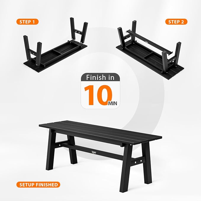 VINGLI 47” Outdoor HDPE Bench, Weatherproof Garden Bench w/Metal Legs, Poly Lumber Porch Benches, 660 LBS Capacity Outdoor Backless Patio Benches for Entryway Deck (Black)