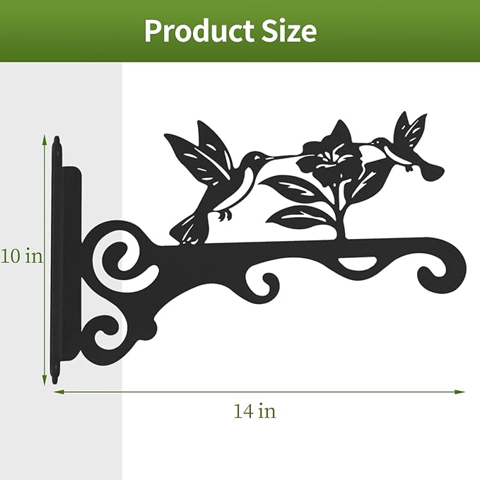 Elegant Bird Pattern Wall Hooks - 10/12/14 Inch Metal Plant Hangers for Indoor & Outdoor - Rust-Resistant Bracket for Plants, Feeders, Chimes, Lanterns (4, Black, 14 inch)