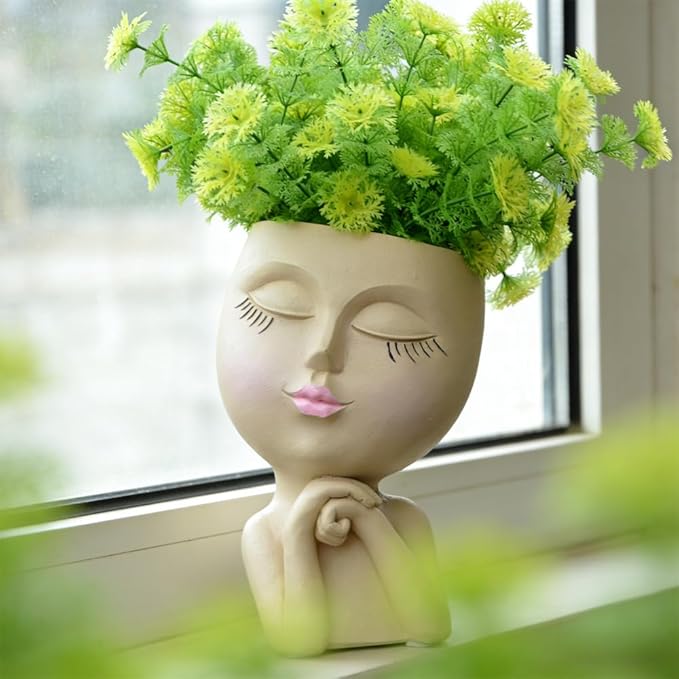 Face Head Planter, Funny Heads Plant Pots, Cute Girl Faces Plant Pot, Decorative Flower Pots, Cute Succulent Pots with Drainage for Home Garden Decor, Plant Lover's Gifts for Women (7" Khaki)