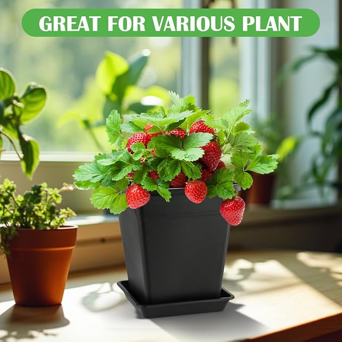 BTPLASTIK 9 Inch Square Planters for Indoor Plants, 8 Pack Large Plastic Plant Pot with Drainage & Saucer, 3 Gallon Modern Decorative Thick Outdoor Garden Container for Potted Plants