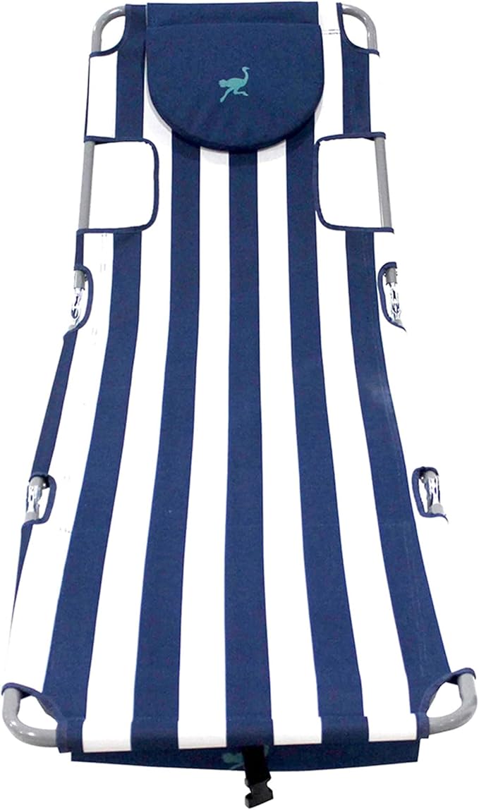 Ostrich the Backpack Chaise Lounge, Folding & Reclining Outdoor Beach Chaise Lounger Chair for Lawn, Pool, Patio, Garden, and Yard, Blue Stripe
