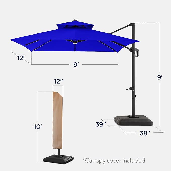 Best Choice Products 9x12ft LED Cantilever Patio Umbrella w/Base Included & 360° Rotation, Large Solar Offset Hanging Outdoor Sun Shade for Deck, Backyard Table w/Stand & Lights – Resort Blue
