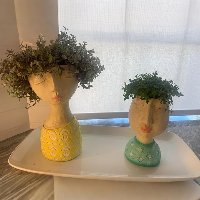 DiliComing Resin Face Planters Pots Head - 8 Inch Indoor and Outdoor Pot with Drainage Hole for Succulents Plants Home Garden Decor Unique Girl Sculpture Plant Pot