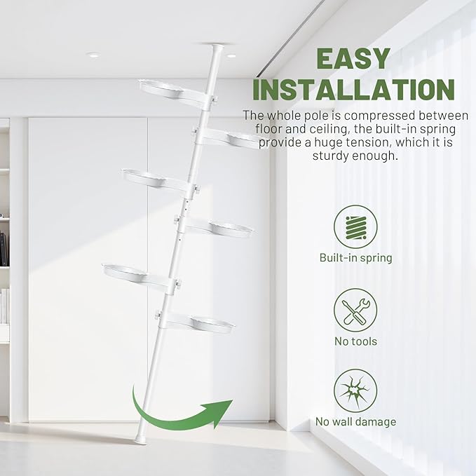 Tension Rod Plant Stand, Plant Poles for Hanging Plants Indoor, 6 Tier Tension Pole Plant Hanger, Floor to Ceiling Plant Pole with 6 Trays Hanging Plant Stand, White